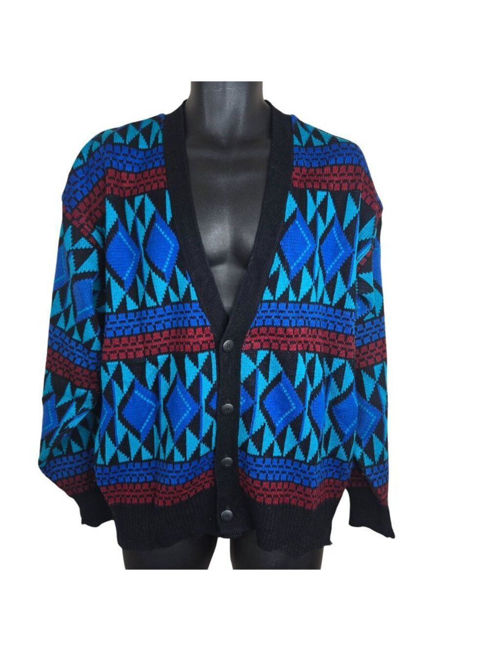 Vintage 80s Acrylic Cardigan Sweater Mens L Black Blue Red Geometric